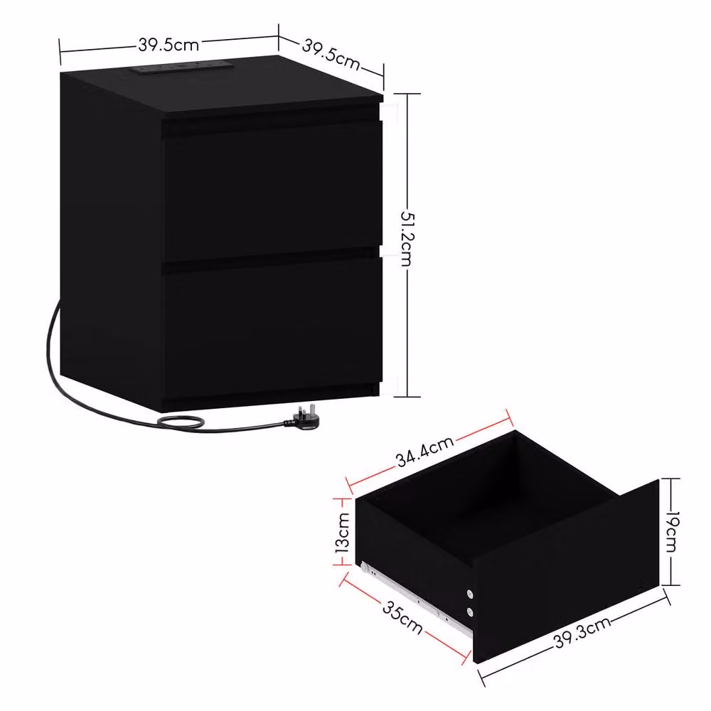Vida Designs Denver 2 Drawer Large Bedside Chest with Power Outlet in Black – 3
