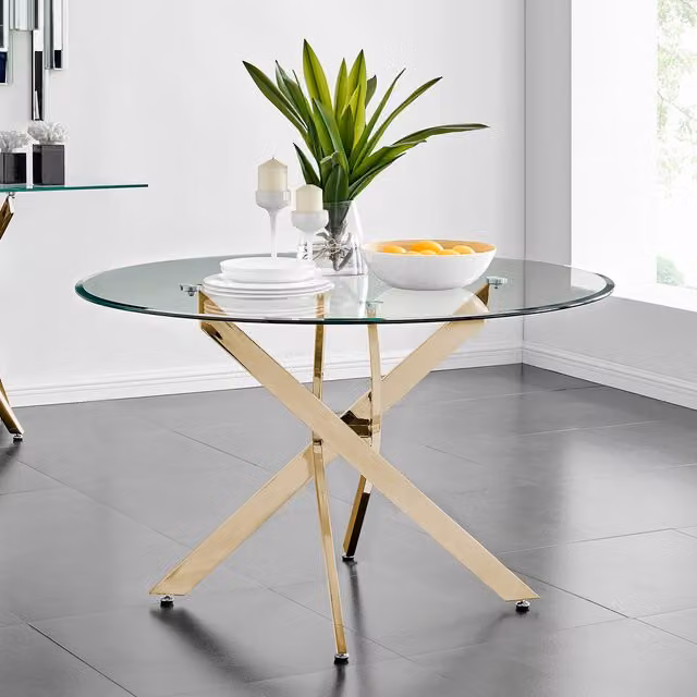 FurnitureboxUK Novara Gold Modern Round Kitchen Dining Table with Glass and Metal Top, Diameter: 120 cm