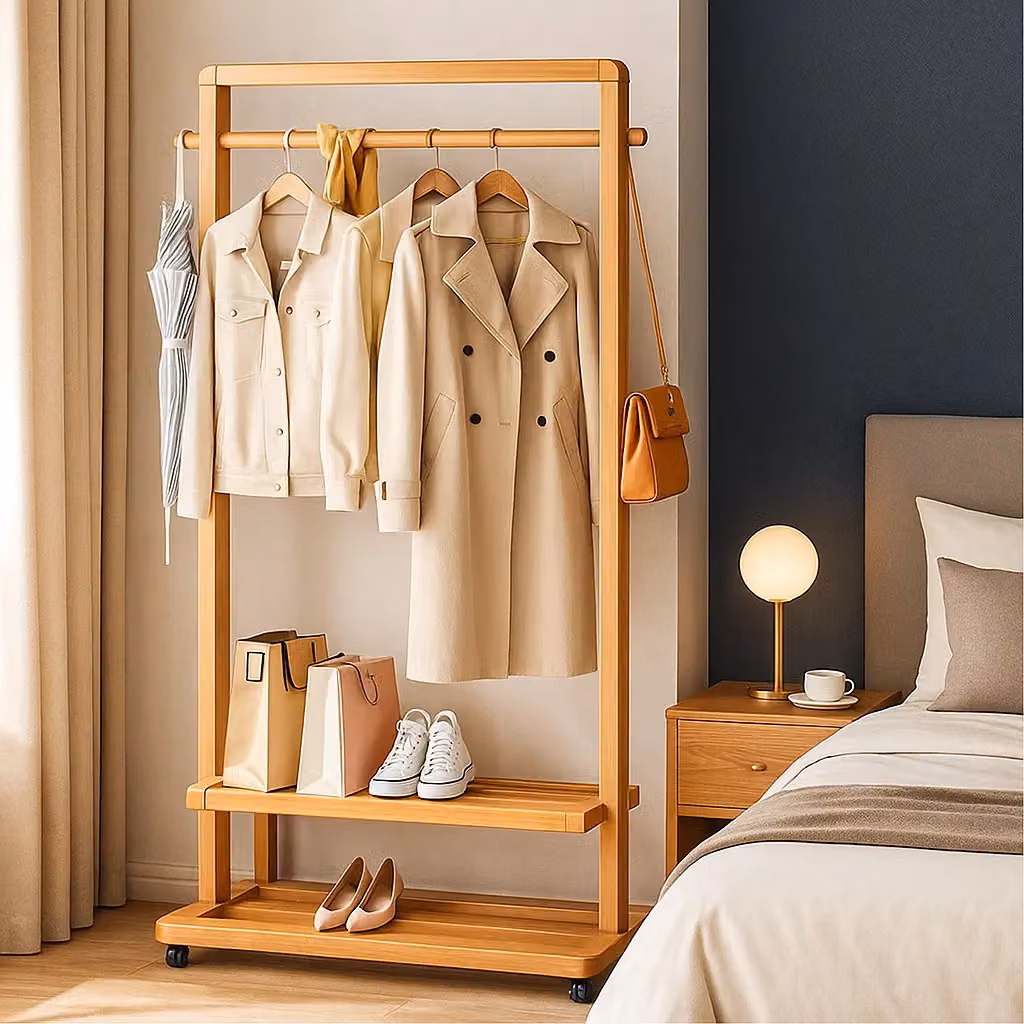 Modcraft Heavy Duty Rolling Clothes Rail with Shelf in Natural Bamboo and Wood, Large – 2