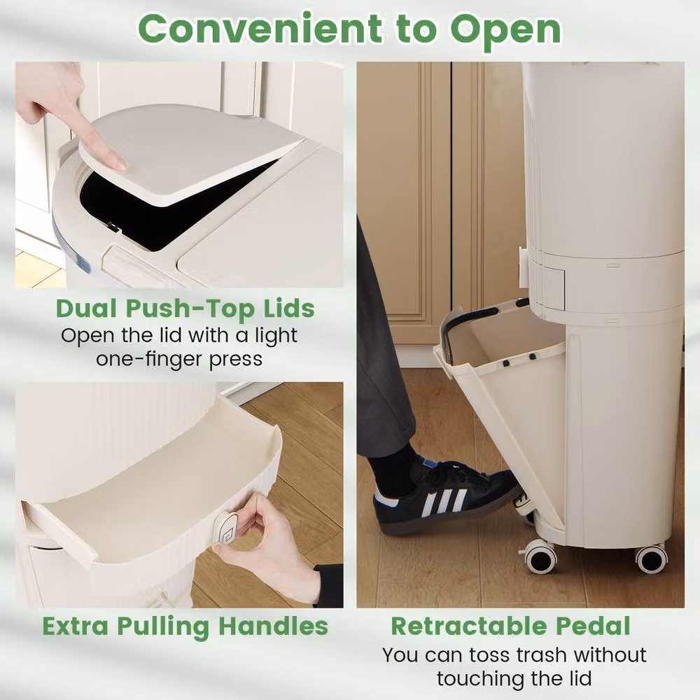Costway 42L 3-Layer Kitchen Trash Can with Lid and 2 Removable Buckets, Beige – 3