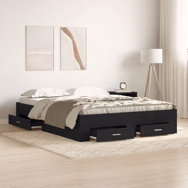 Berkfield Home Black Oak Bed Frame with Drawers, Engineered Wood, W: 140 cm, L: 200 cm