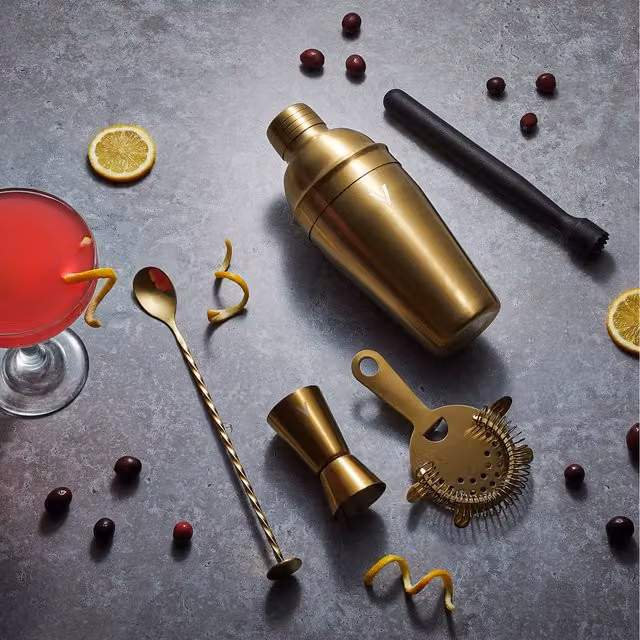 VonShef 5 Piece Gold Stainless Steel Manhattan Cocktail Shaker Set with Accessories