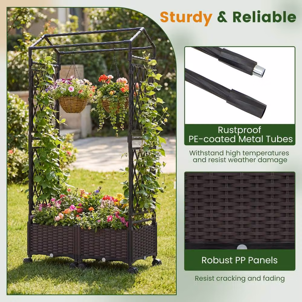 Costway Brown Self-Watering Raised Planter Boxes with Lattice Trellis and Roof for Vegetable and Herb Gardens, W: 147 cm, D: 40 cm, H: 20 cm – 8