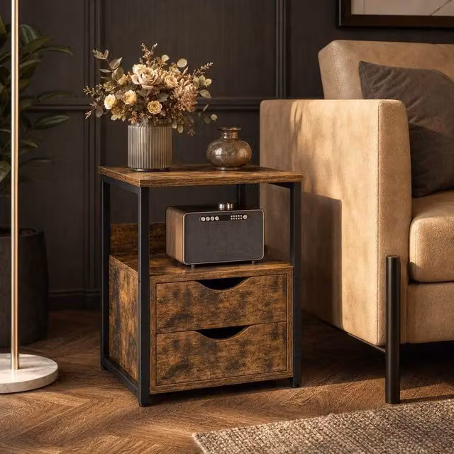 STILVORA Industrial Side Table with 2 Drawers and Shelf in Brown and Black – 1
