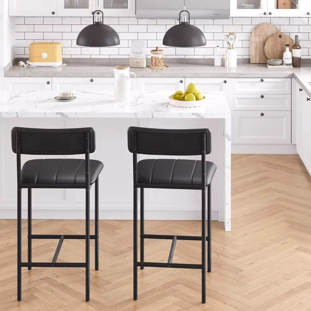 VOGREX Set of 2 Modern Black PU Leather Bar Stools with Metal Legs – 4