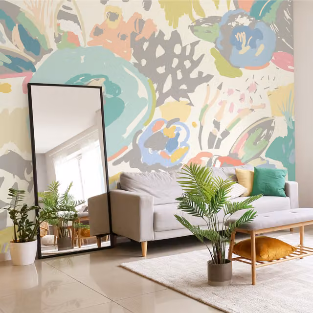 Origin Murals Abstract Floral Wall Mural in Blue and Multicolour