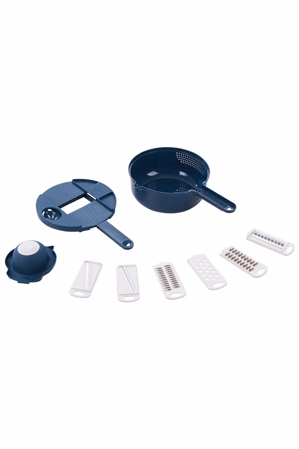 Living and Home 9-in-1 Multifunctional Kitchen Vegetable Slicer and Chopper with 6 Blades, Drain Basket and Handguard, Dark Blue – 3
