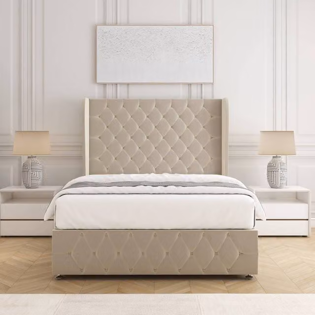 BSSPOKE Faye Plush Velvet Divan Bed Set with 54 inch Headboard and Mattress in Beige, Super King, W/D/H: 200 x 200 cm