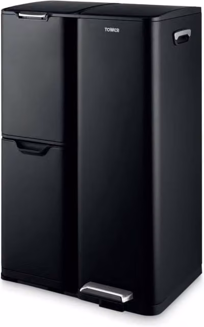 Tower 60L Black Coated Steel Recycling Pedal Bin with Removable Inner Bucket