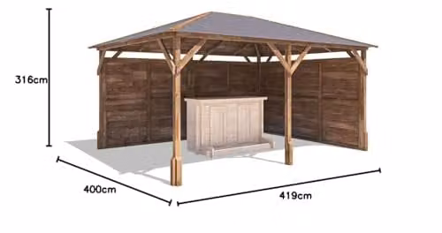 Dunster House Utopia Wooden Garden Bar Gazebo in Brown with Black Bitumen Shingles, W/D/H: 400 x 320 x 243 cm – 3