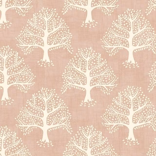 iLiv Great Oak Organic Cotton Fabric in Coral Pink with Geometric Leaf and Foliage Pattern