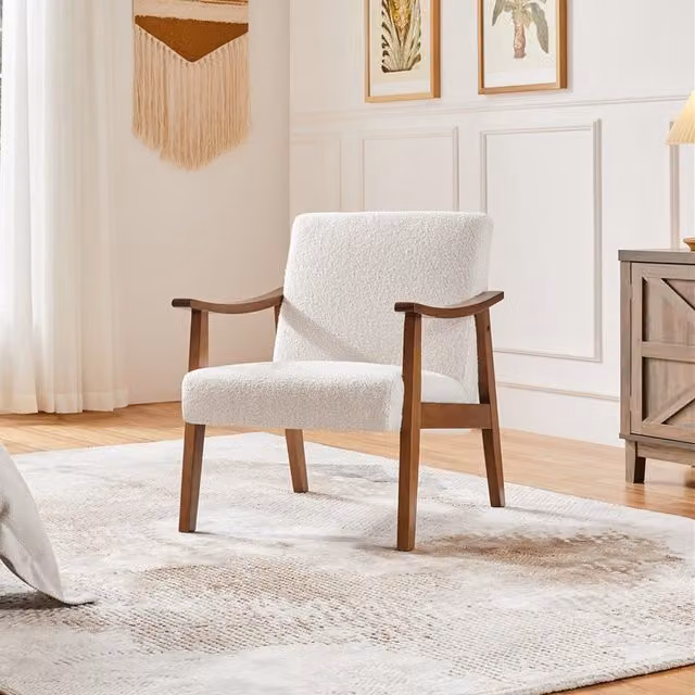Yaheetech Mid-Century Bouclé Upholstered Accent Armchair with Armrests in White