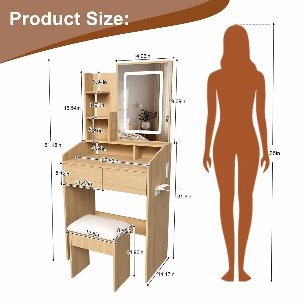 Matteo Women's Makeup Vanity Desk with LED Lights and Power Socket in Walnut – 5