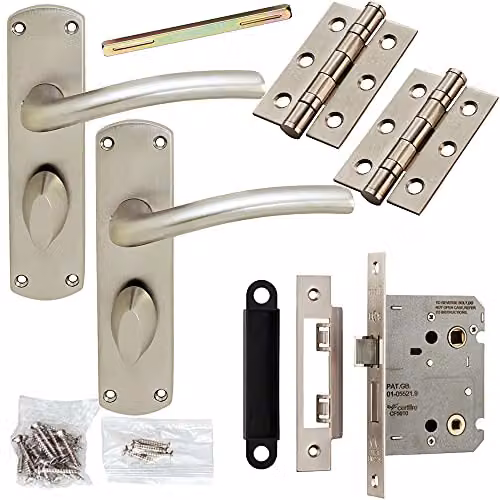 Loops Door Handle and Bathroom Lock Pack in Satin Chrome with Modern Arched Lever Backplate – 1