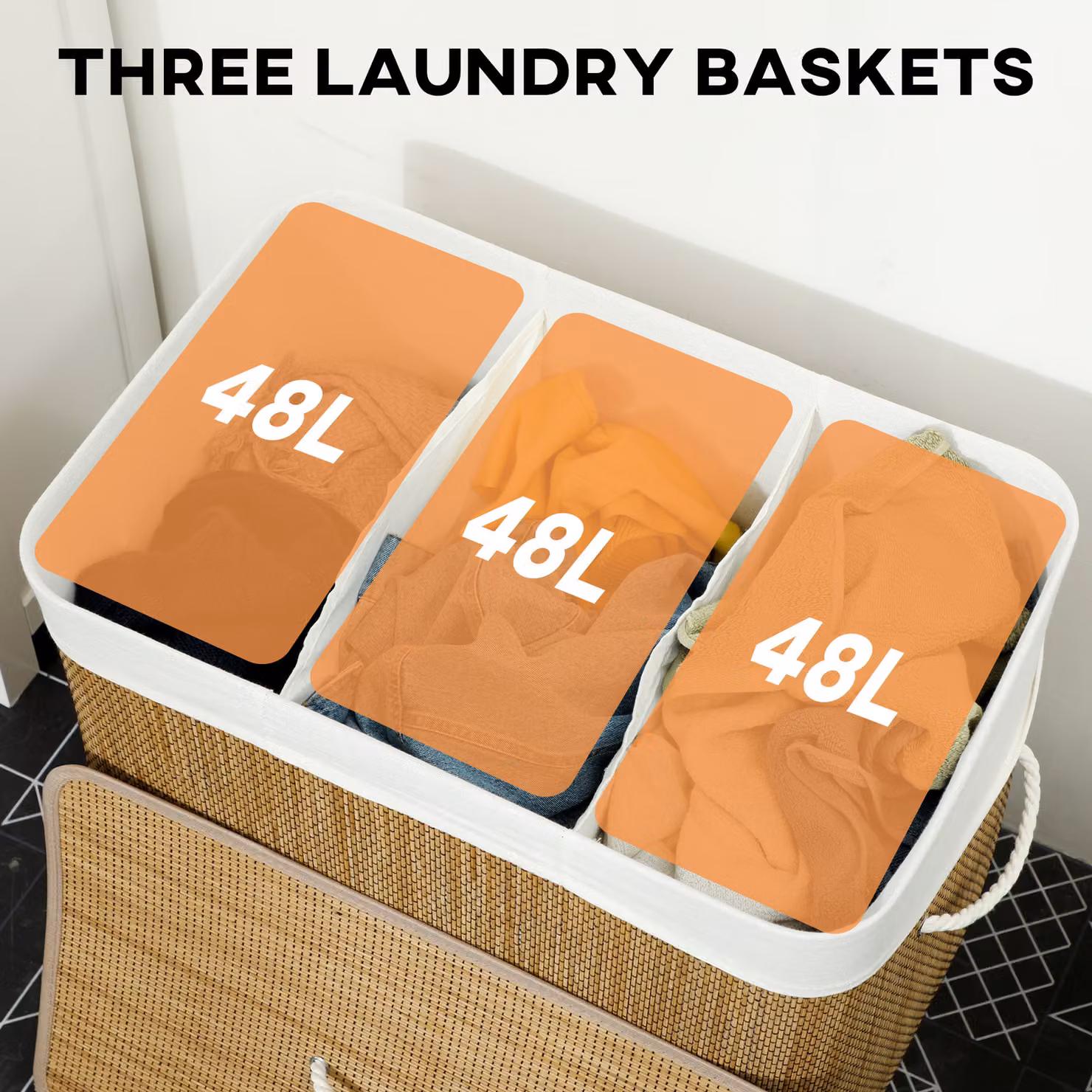 HOMCOM 3 Section Bamboo Laundry Basket with Lid and Handles, 144L, Brown, W: 120 cm, D: 60 cm, H: 60 cm – 2