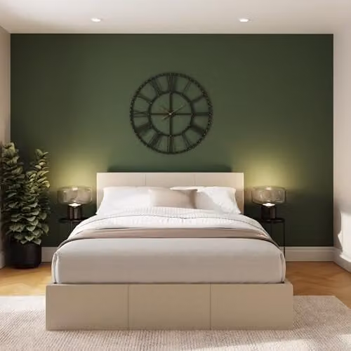 GFW Classic Side Lift King Size Ottoman Bed in Sand Faux Leather with Stitched Headboard, H 166 cm x W 180 cm x D 84 cm