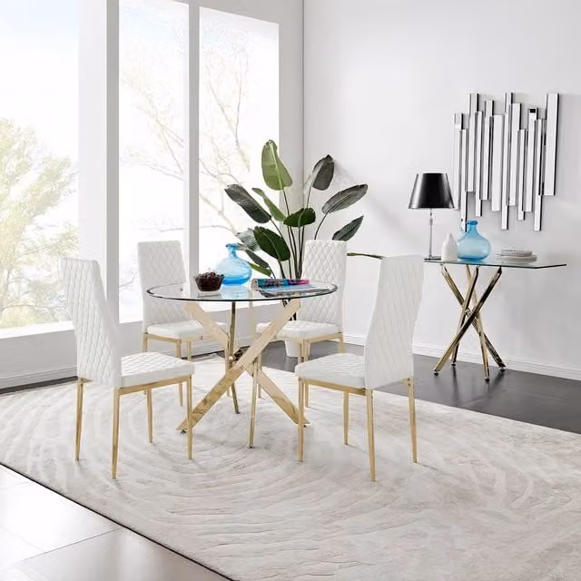 FurnitureboxUK Novara 100cm Round Tempered Glass Dining Table with Gold Legs and 4 White Milan Faux Leather Chairs