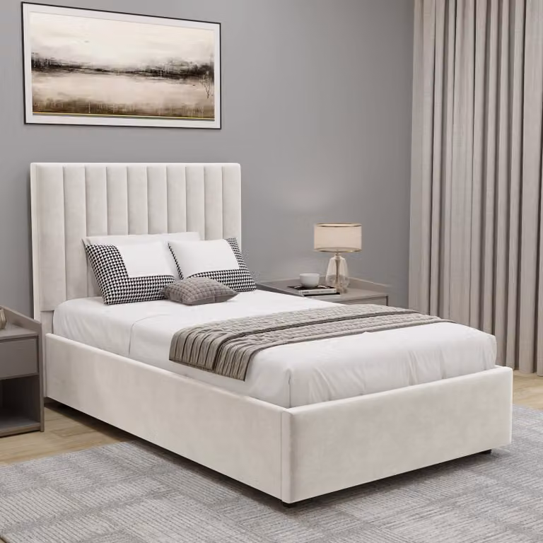 DHS Vertical Line Single Ottoman Storage Bed in Beige Velvet