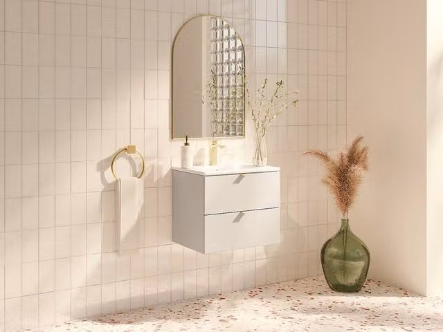 Vente-unique Wall-Mounted Modern Bathroom Vanity Unit with Inset Basin and Soft-Close Doors in Beige, W: 60 cm, D: 50 cm, H: 46 cm