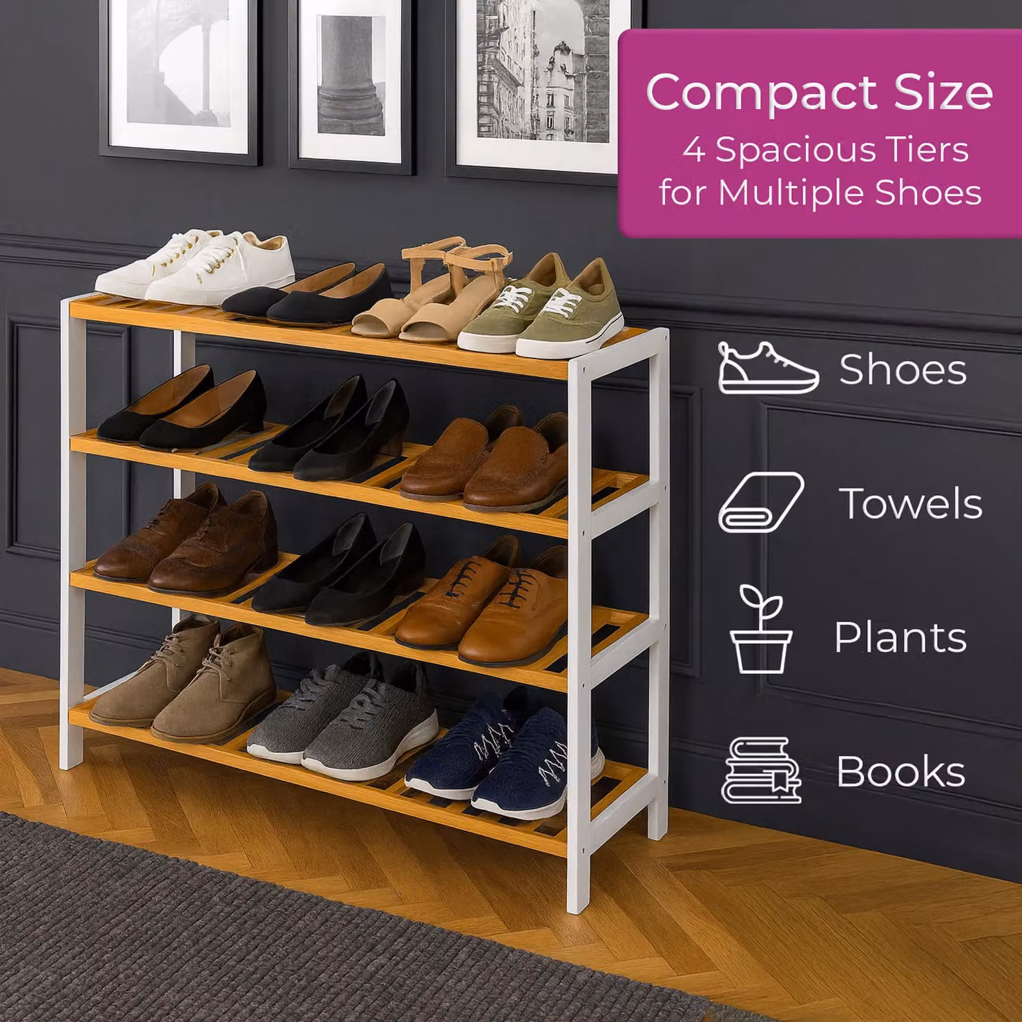 Neo 4 Tier Bamboo Wooden Shoe Storage Rack in White – 3