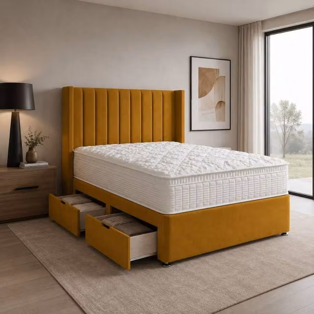 Stratus Interiors Oulton Wingback Divan Bed with Panel Headboard and 2 Drawers in Yellow, W/D/H: 90 x 190 cm
