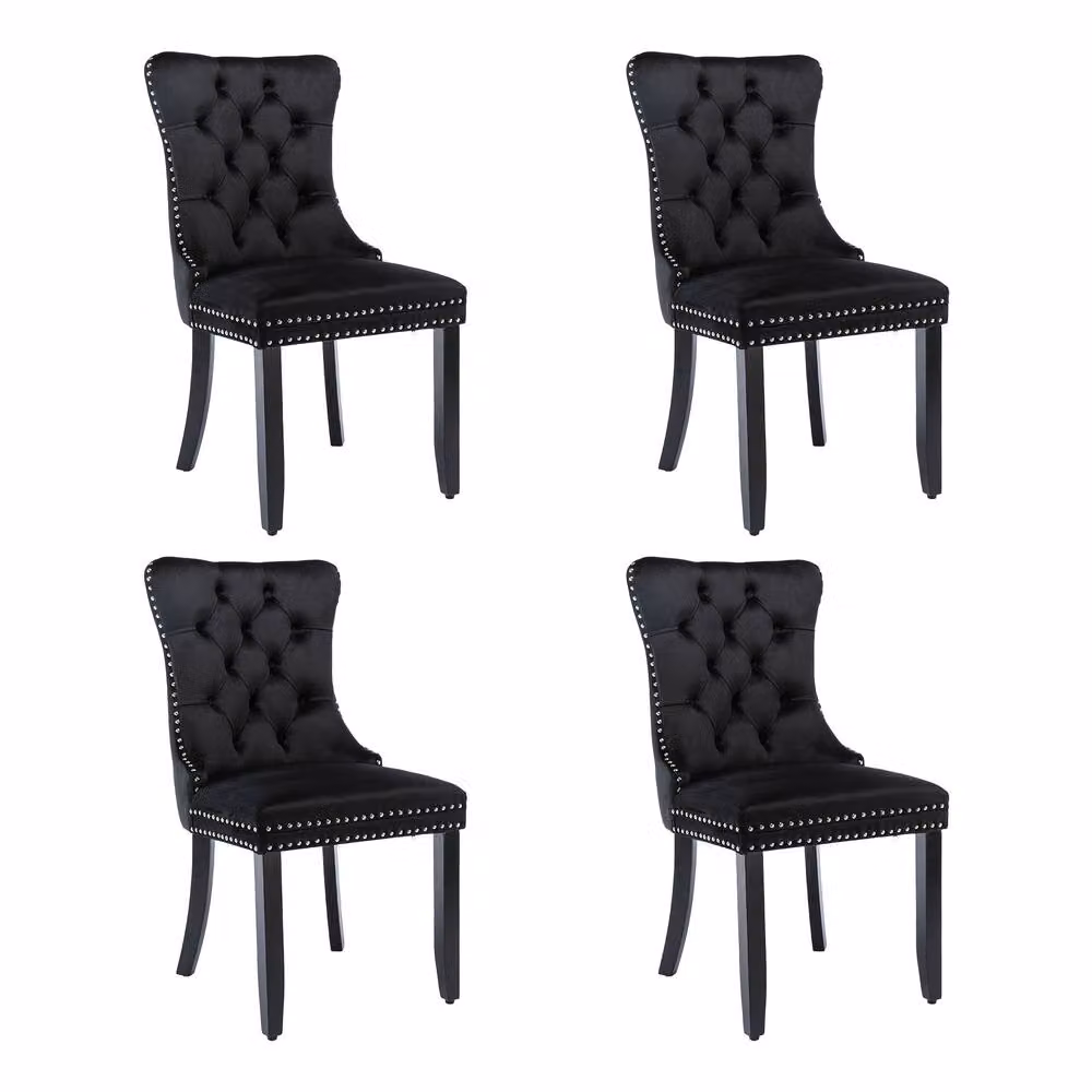 Merax Set of 4 Black Velvet Button Tufted Dining Chairs with Rubberwood Legs – 3