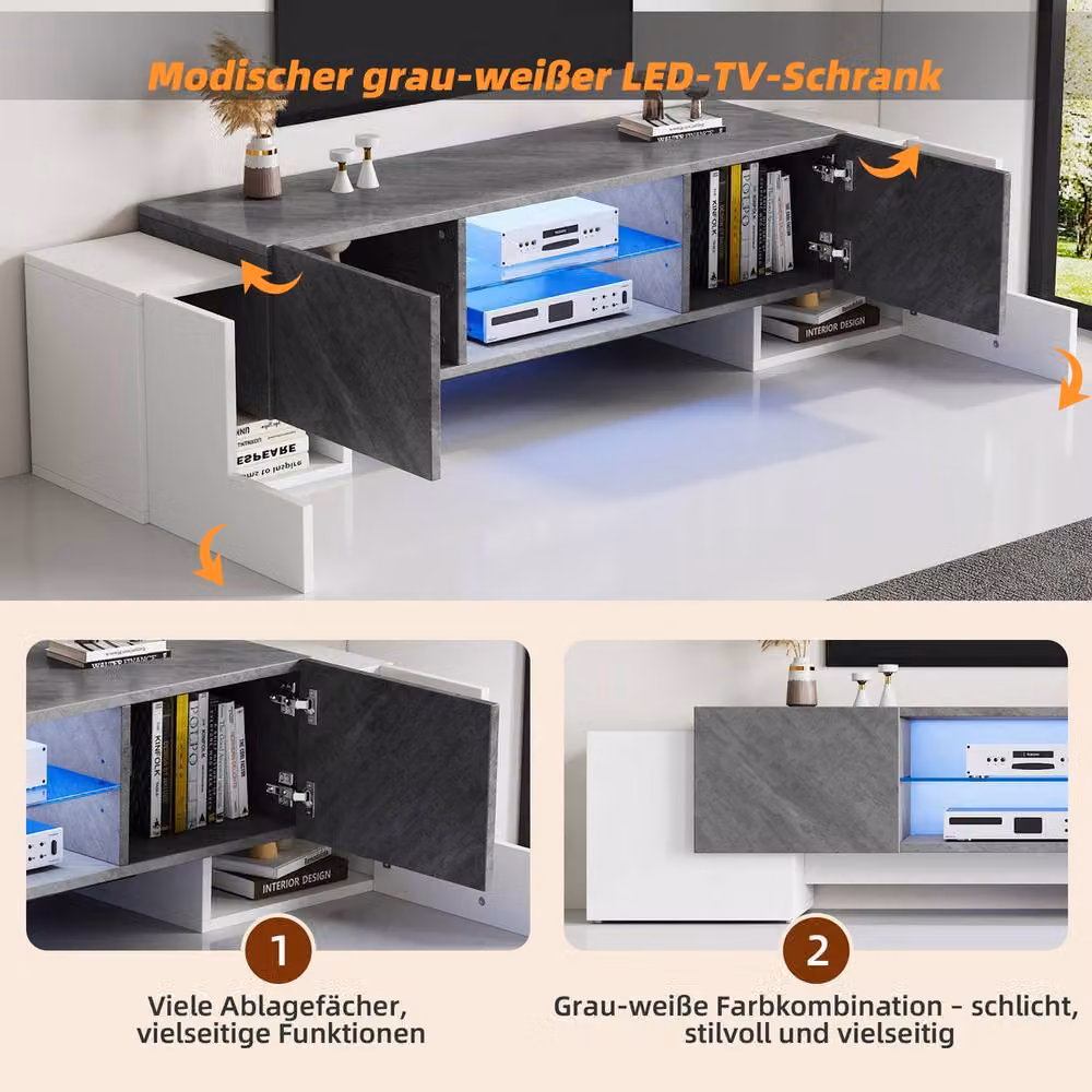 Rolipo Modern LED TV Stand with 4 Doors in White and Grey, Width: 180 cm – 3