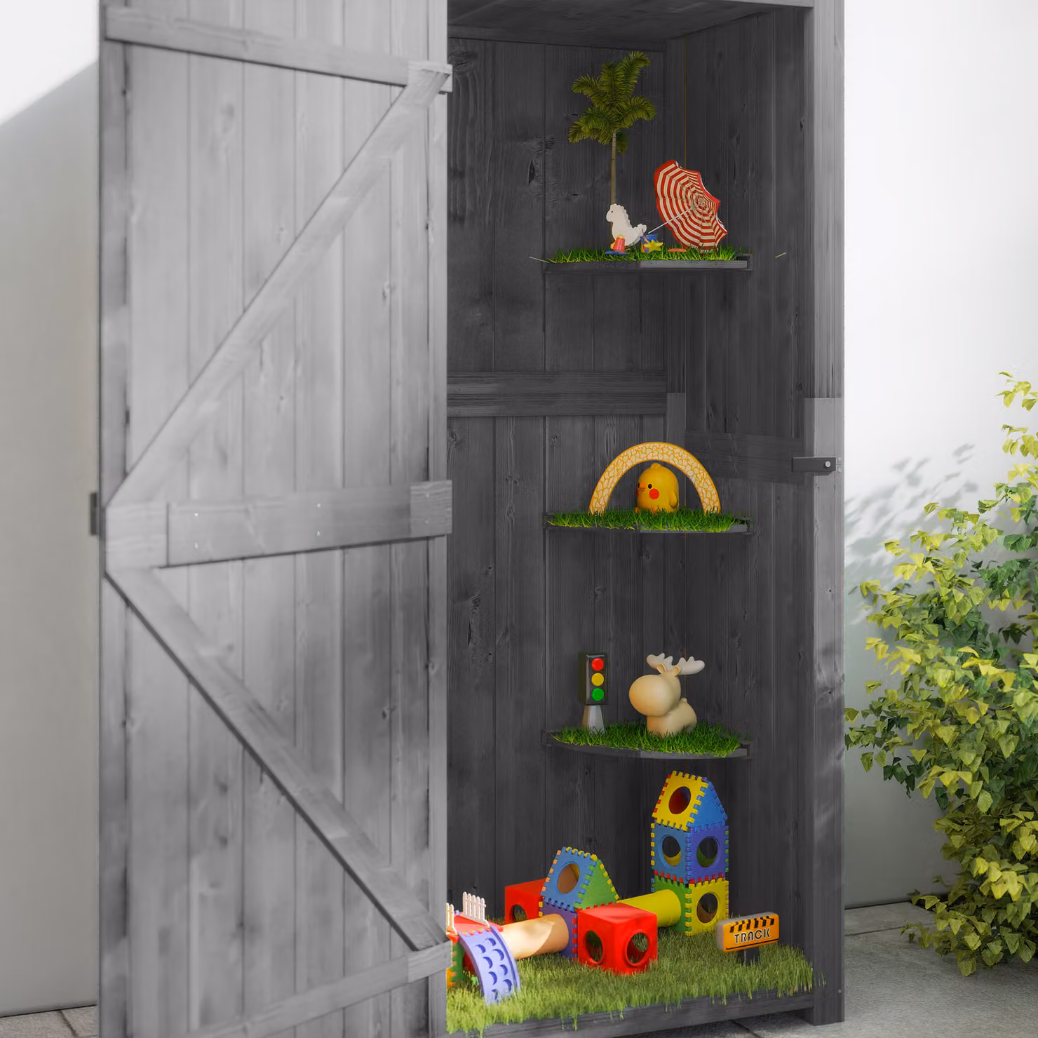 Outsunny Grey Wooden Garden Shed with Lockable Double Doors, Shelving and Window, H: 179.0 cm, W: 67.0 cm, D: 63.0 cm – 7