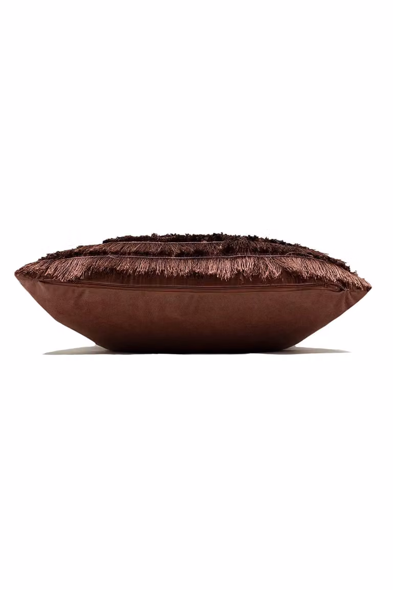 Furn Flicker Tiered Fringed Velvet Reverse Cushion in Pink and Brown, W/D/H: 45 x 45 x 45 cm