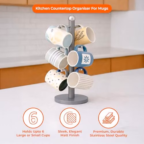 Novel Solutions Stainless Steel 6 Cup Mug Tree Kitchen Storage Rack in Matt Grey – 3