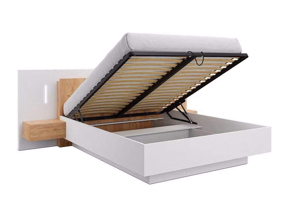 Vente-unique Modern Double Divan Bed with Bedside Tables and Under-bed LED Lighting in Light Oak and White, W/D/H: 200 x 160 x 102 cm – 2