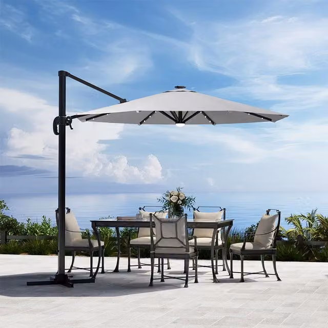 Komore Round Cantilever Outdoor Garden Parasol with Solar Lights in Grey