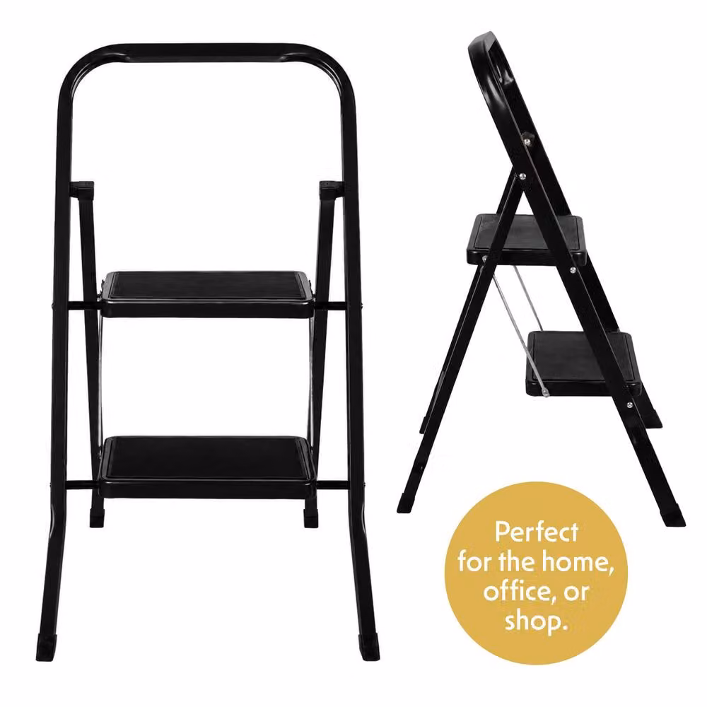 Futura 2 Step Black Heavy-Duty Steel Folding Step Ladder with Rubber Feet – 9