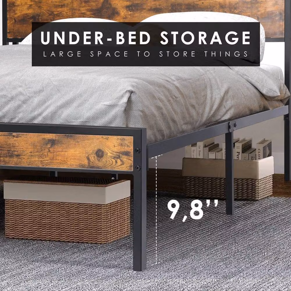 Kelvenix Industrial Metal Platform Bed Frame in Brown and Black with USB Charging Port and Bedside Shelf – 1
