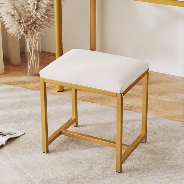 COSTWAY Modern Rectangular Compact Vanity Stool with Gold Metal Frame and Fabric Seat