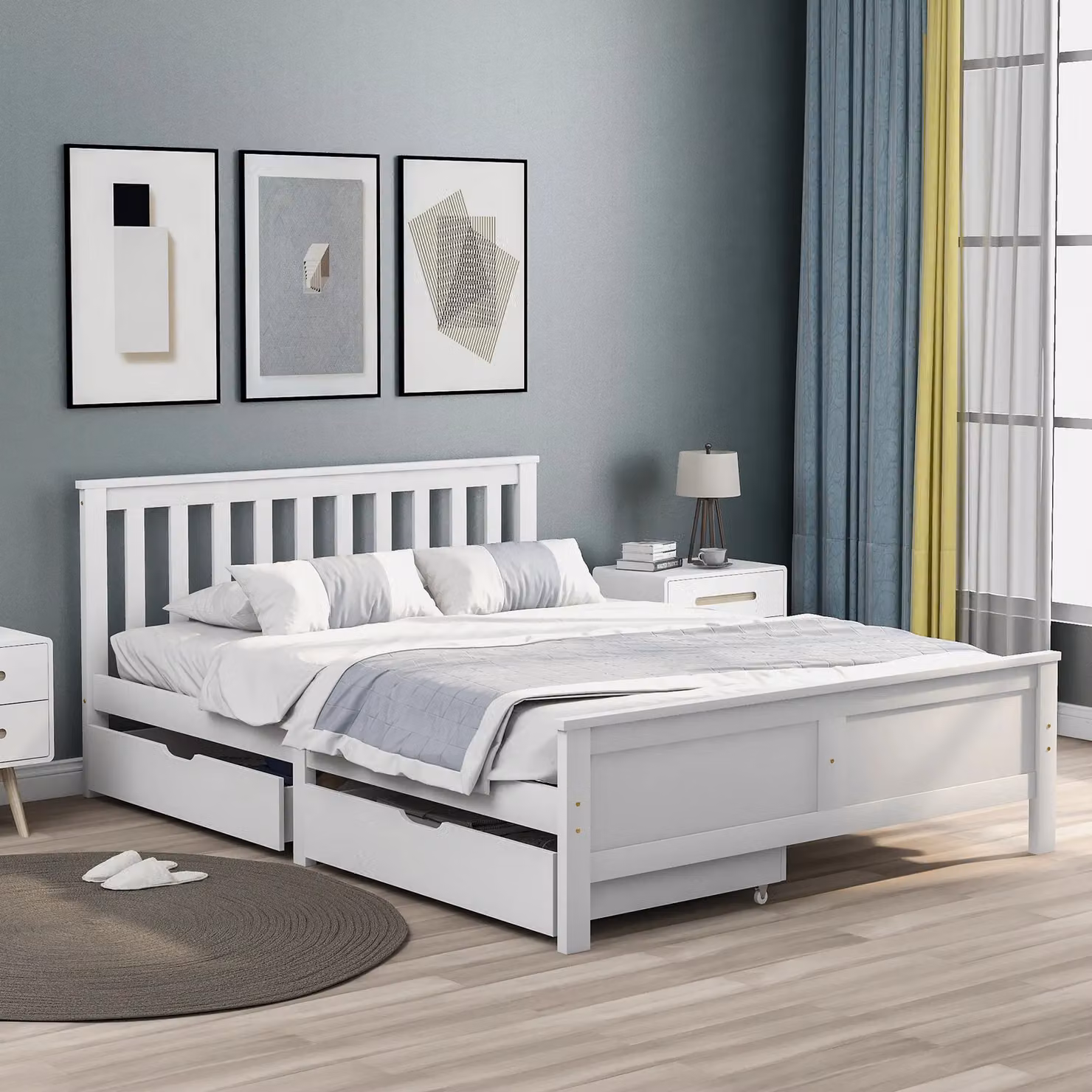 HomeTouch Angelo Classic White Solid Wood Double Bed Frame with Storage Drawers, W/D/H: 140 x 200 x 82 cm – 2