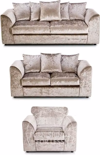 Furnishings For Less UK Crystal Crushed Velvet 3 Piece Sofa Suite in Beige, including 3 Seater Sofa, 2 Seater Sofa and Armchair with Scatter Cushions