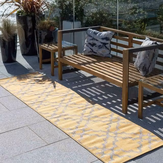 The Rug House Geometric Trellis Flatweave Indoor Outdoor Rug, Yellow, W: 240 cm, D: 60 cm