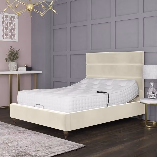 Penelope Premium Motorised Electric Adjustable Bed Frame, Upholstered Fabric, Beige/White, W: 180 cm, D: 200 cm