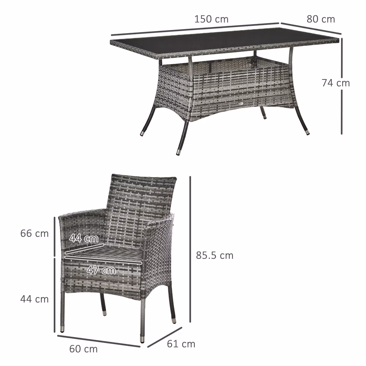 Outsunny 6-Seater Rattan Dining Set with Rectangular Glass Top Table and Cube Chairs in Grey – 3