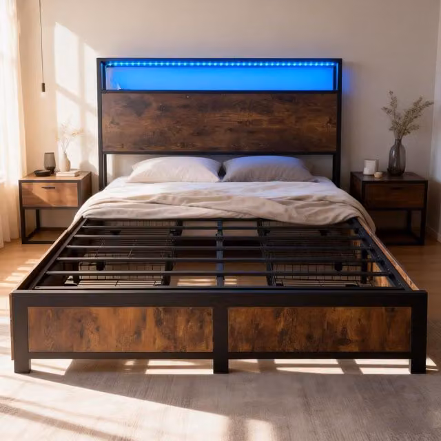 Furniture One Black Metal Bed Frame with LED Light Strip, 4 Drawers and 2 USB Charging Ports, W: 140 cm, D: 200 cm