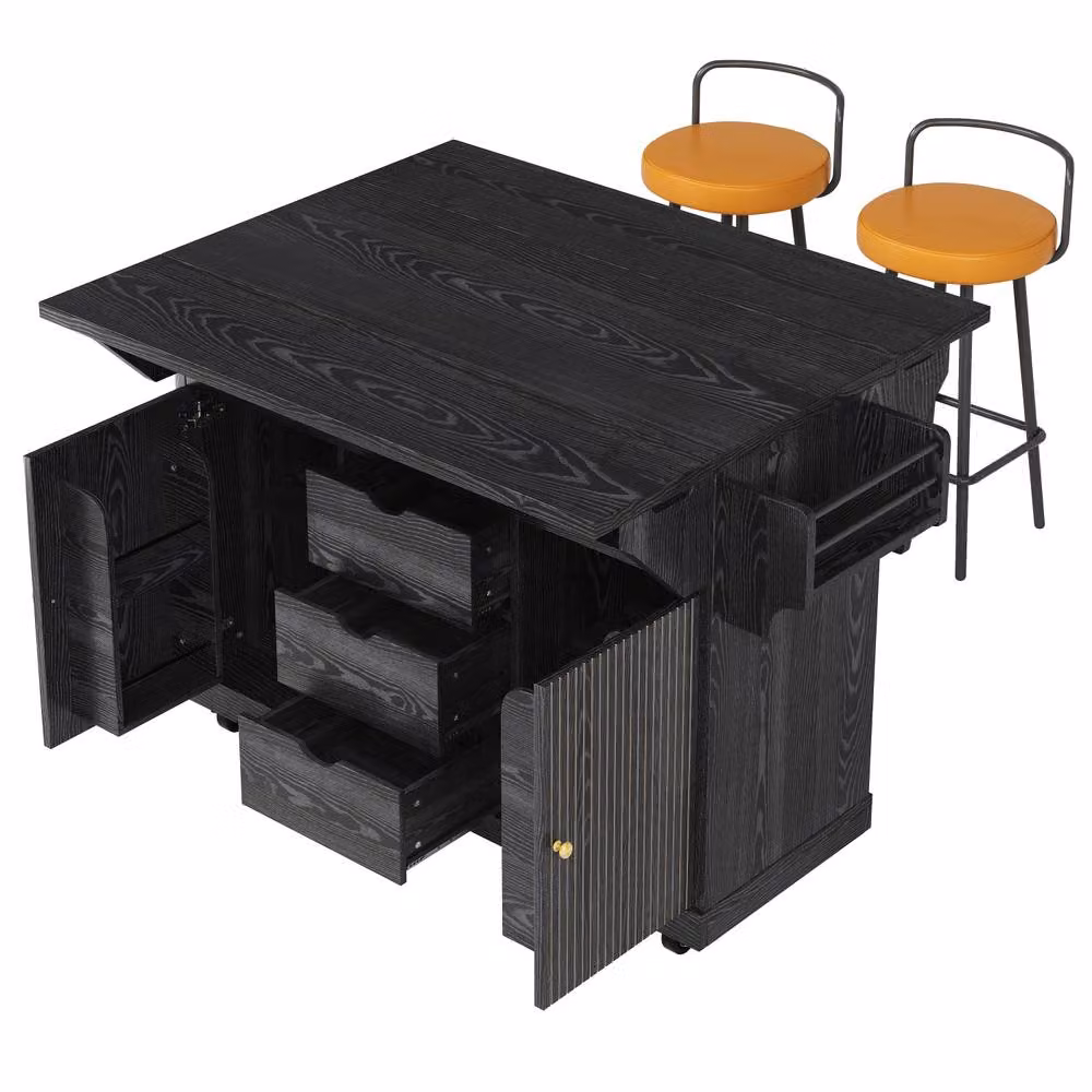 Merax Fluted Drop Leaf Kitchen Island Mobile Storage Trolley Cabinet in Black, W/D/H: 142.5 x 40.0 x 95.0 cm – 7