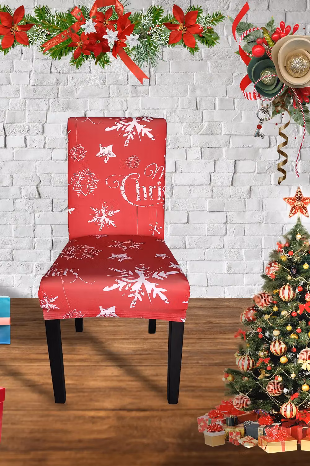 Neel Blue Short Spandex Dining Chair Slipcover with Red Stars and Snowflakes – 3