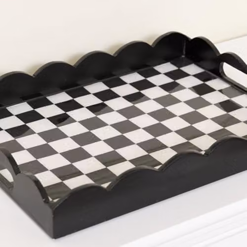 Melody Maison Rectangular Black and White Monochrome Checked Scalloped Tray – 2
