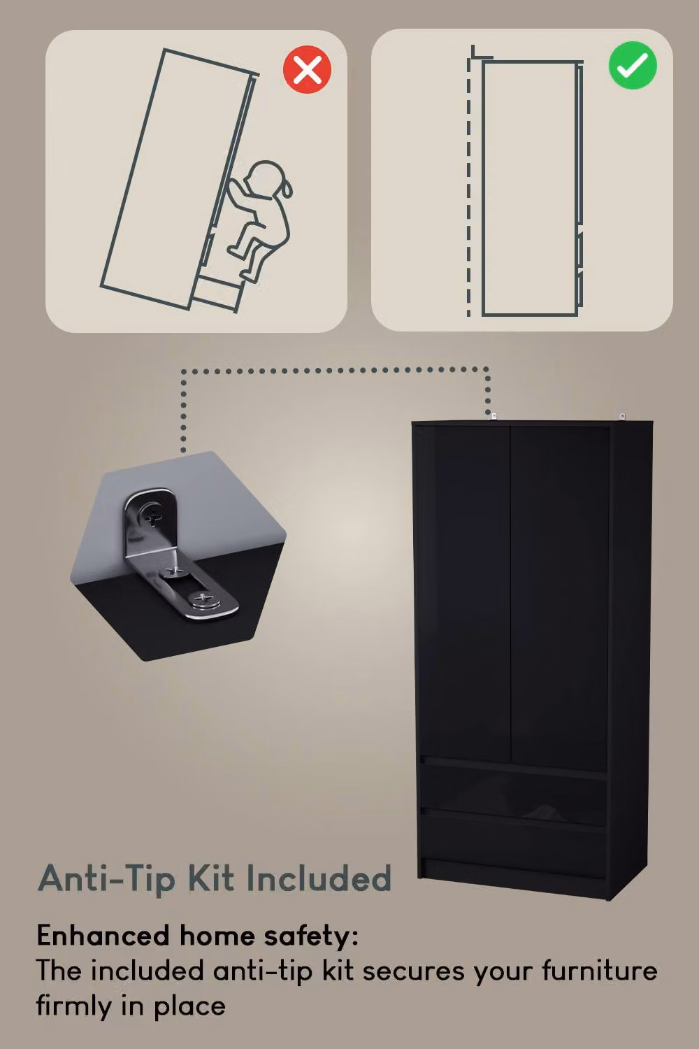 HD Designs Glinton Modern High Gloss 2 Door 2 Drawer Wardrobe in Black – 6