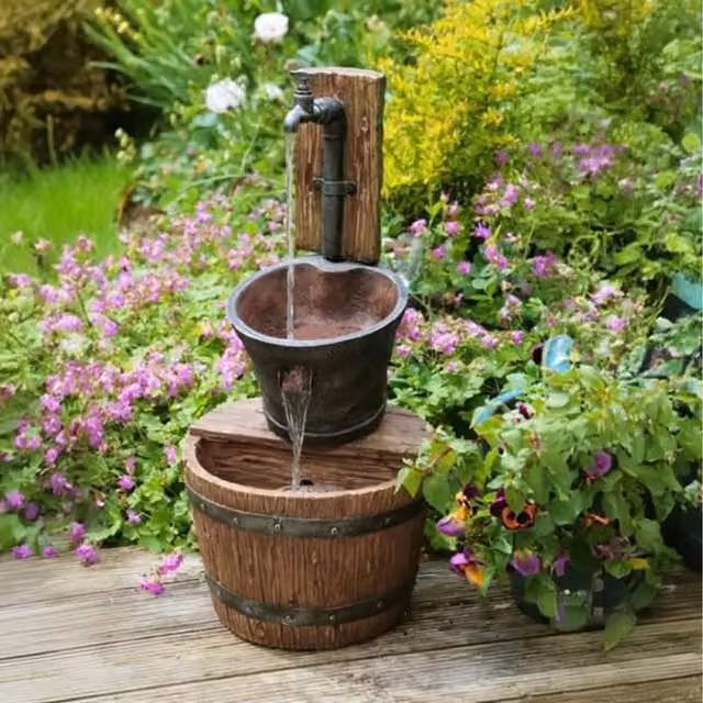 Primrose Rustic Imitation Iron Tap Barrel and Bucket Tiered Water Feature Cascade in Brown
