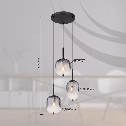 Globo Lighting Attila Cluster Pendant Lamp in Black Metal with Smoky Glass Shade, 3x E14 Bulbs, Height: 120 cm – 4