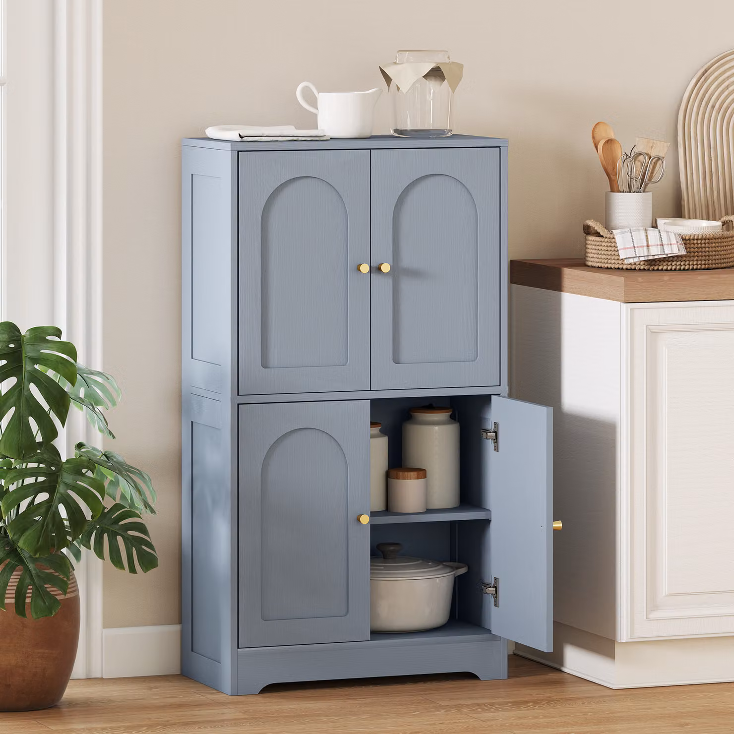 HOMCOM Modern Grey 4-Door Tall Kitchen Storage Cabinet with Gold Accents and Adjustable Internal Shelves – 2