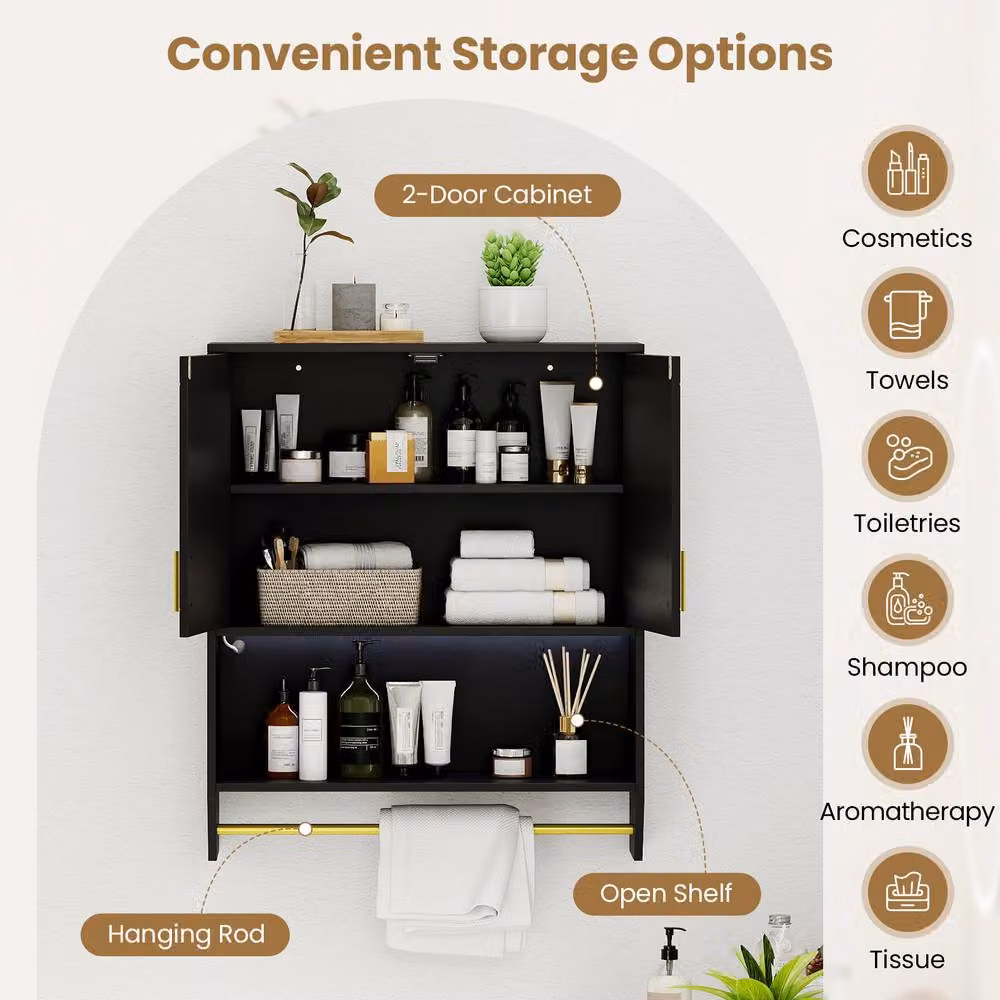Costway Wall Mounted Black Bathroom Cabinet with Integrated Lighting and Internal Shelves – 4