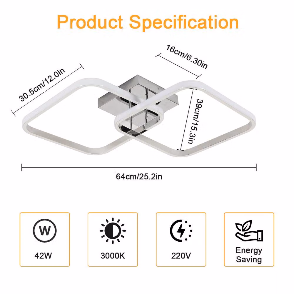 Pheashine Modern Square LED Ceiling Light, 42W, 3000K Cool White, Chrome and White, W: 64 cm – 2